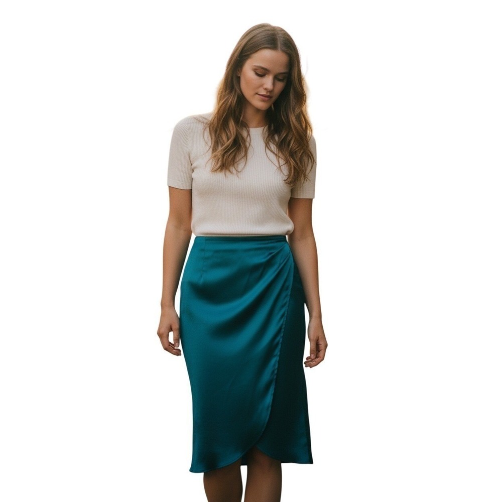 90s Minimal Satin Slip Midi Skirt Teal Clean Girl‎ Aesthetic S NWOT